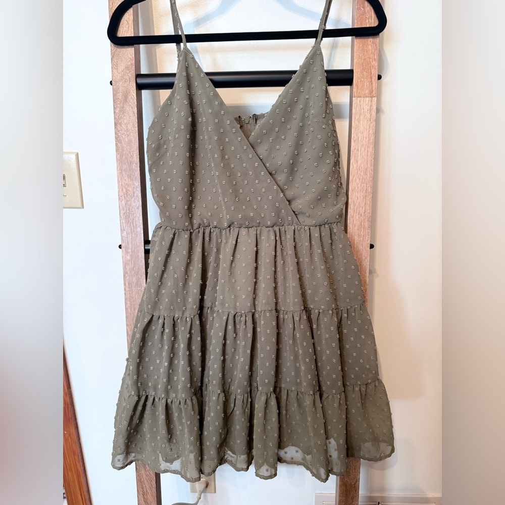 Trixxi Olive Green Tiered V-Neck Dress